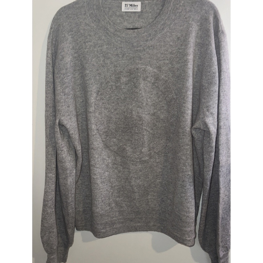 27 Miles Malibu Gray 100% Cashmere Peace Sign Intarsia Crewneck Sweater Large - Picture 3 of 13